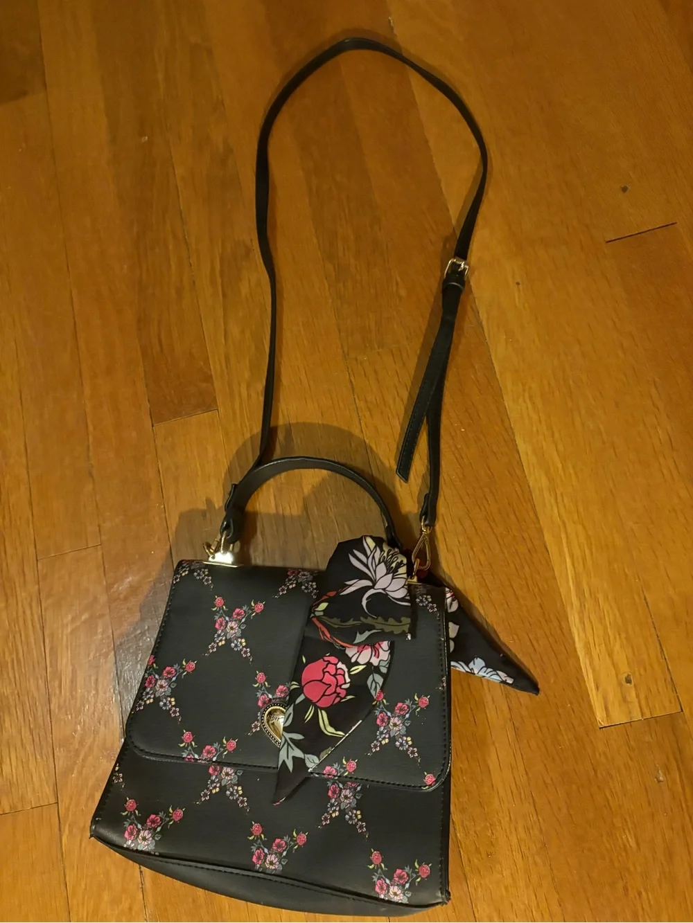 Betsey Johnson Women’s Black Floral Heart-Accent Handbag with Scarf